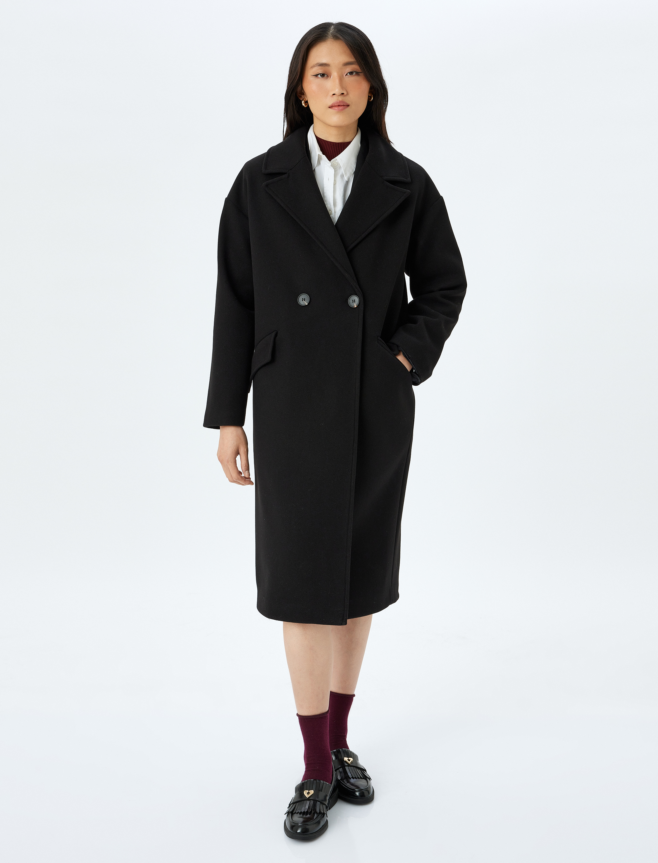   Düğmeli Cepli Kruvaze Uzun Kaşe Kaban