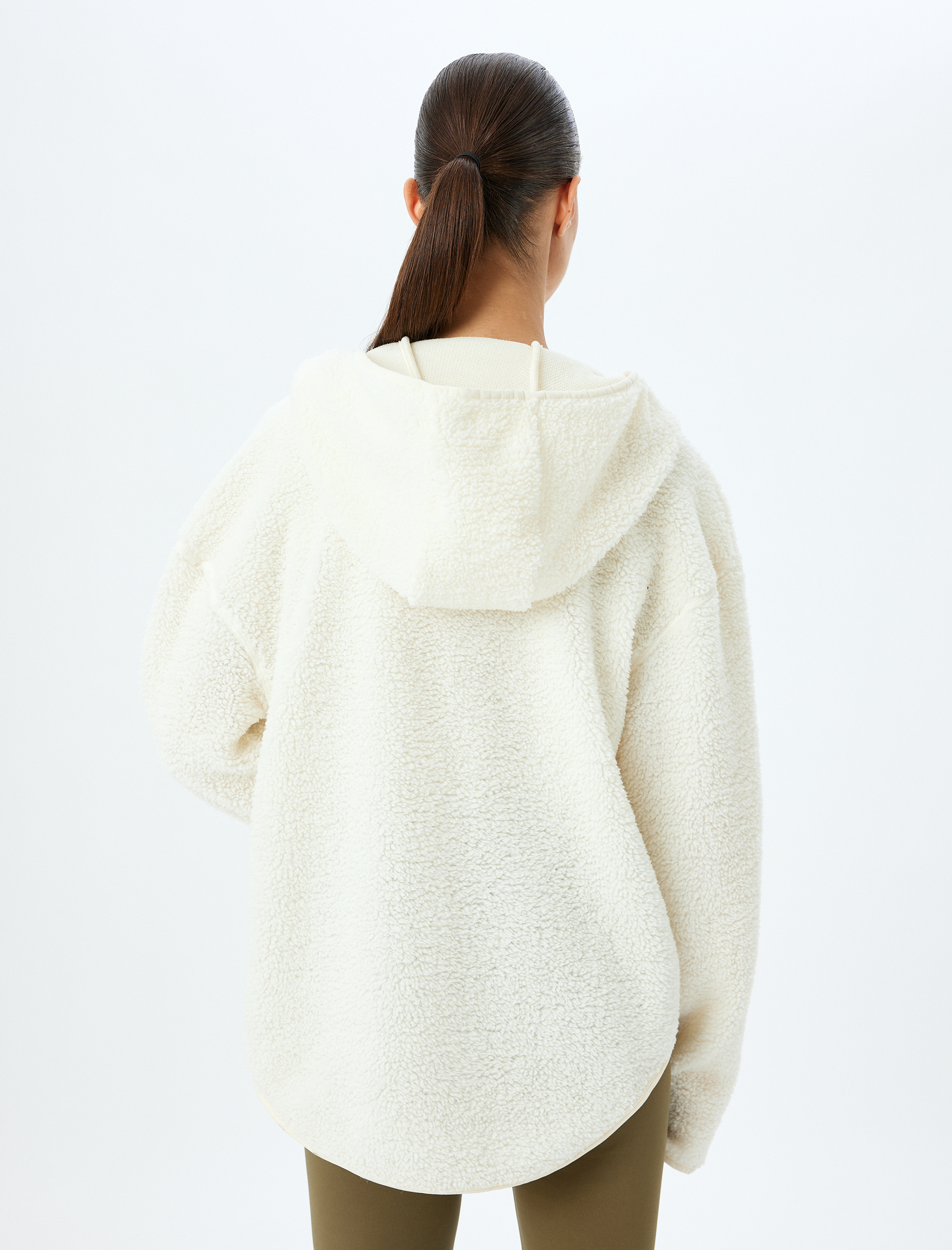   Peluş Sweatshirt Kapüşonlu Yarım Fermuarlı Cep Detaylı