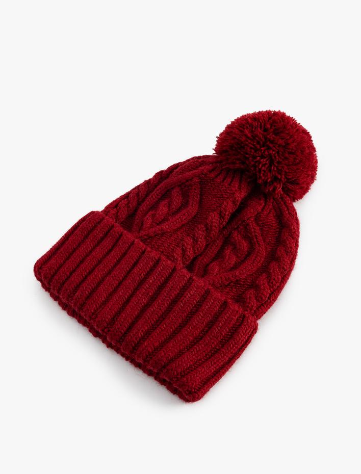 Kadın Saç Örgü Dokulu Pon Pon Detaylı Katlı Bere