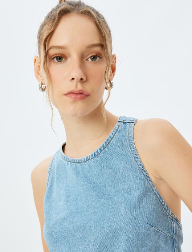 Crop Kolsuz Sırt Detaylı Bisiklet Yaka Denim Atlet_0