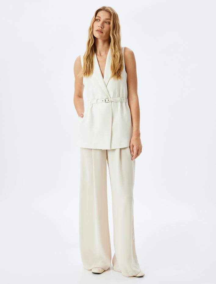  Kemerli Kruvaze Uzun Blazer Yelek