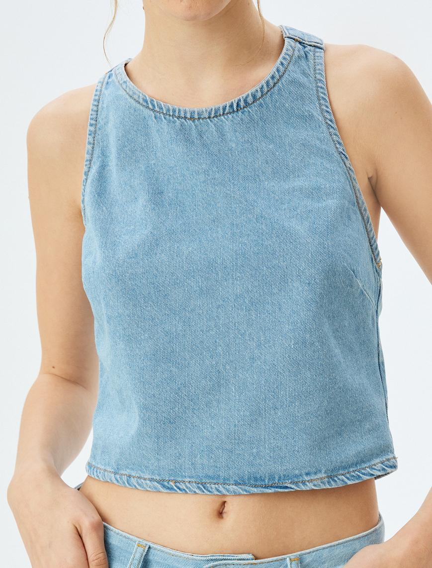   Crop Kolsuz Sırt Detaylı Bisiklet Yaka Denim Atlet