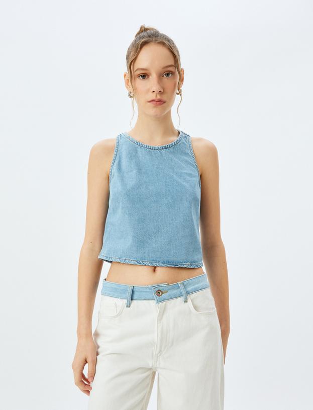 Crop Kolsuz Sırt Detaylı Bisiklet Yaka Denim Atlet_2