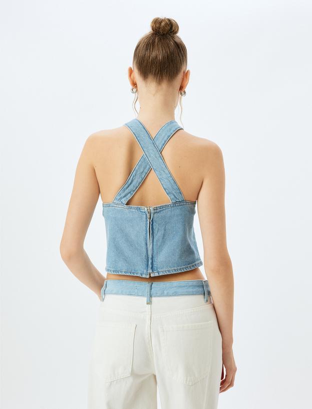 Crop Kolsuz Sırt Detaylı Bisiklet Yaka Denim Atlet_3