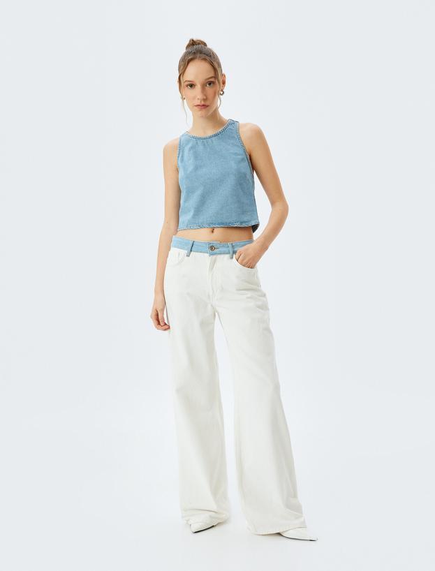 Crop Kolsuz Sırt Detaylı Bisiklet Yaka Denim Atlet_1
