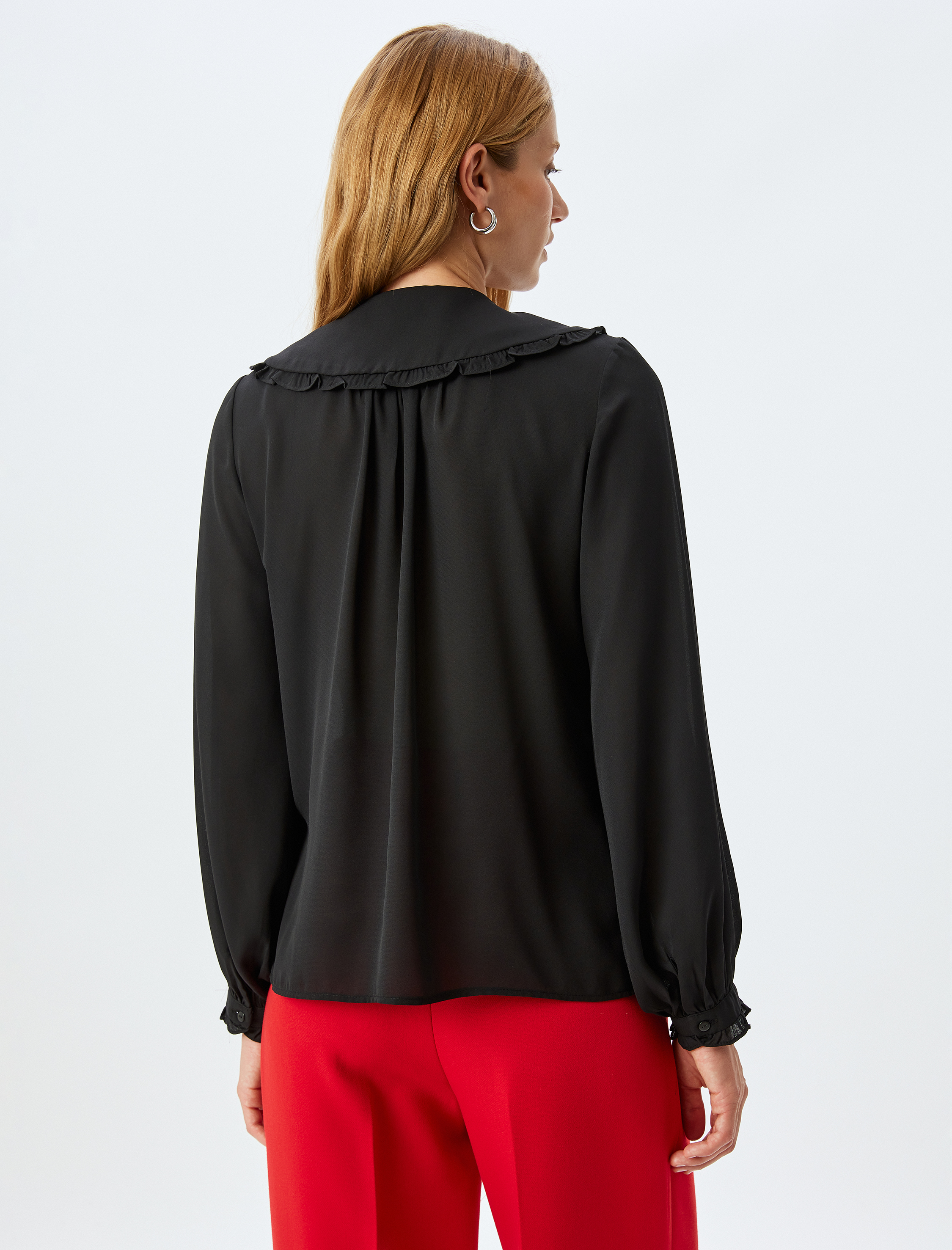 Uzun Kollu Fırfırlı Geniş Bebe Yaka Şifon Gömlek