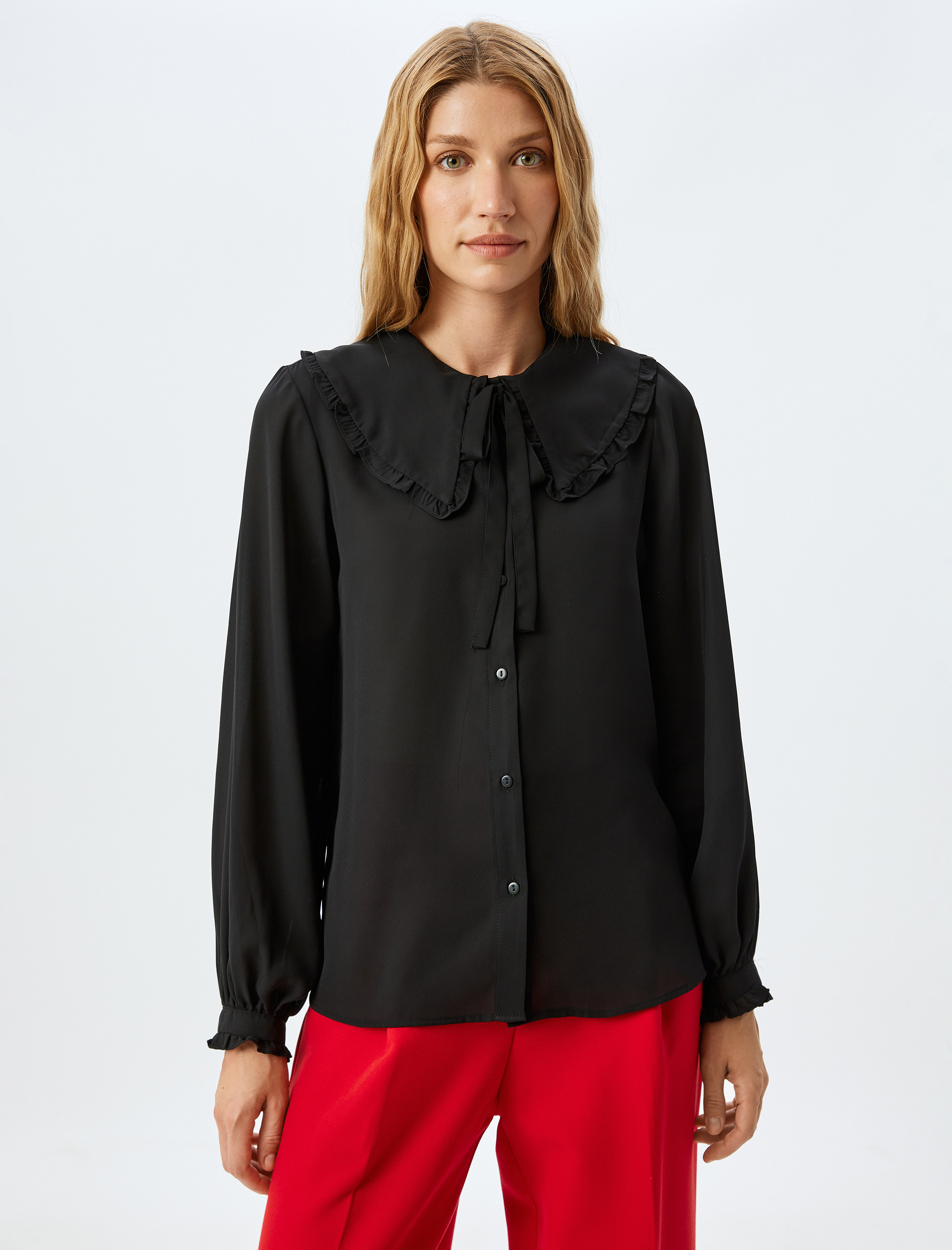 Uzun Kollu Fırfırlı Geniş Bebe Yaka Şifon Gömlek