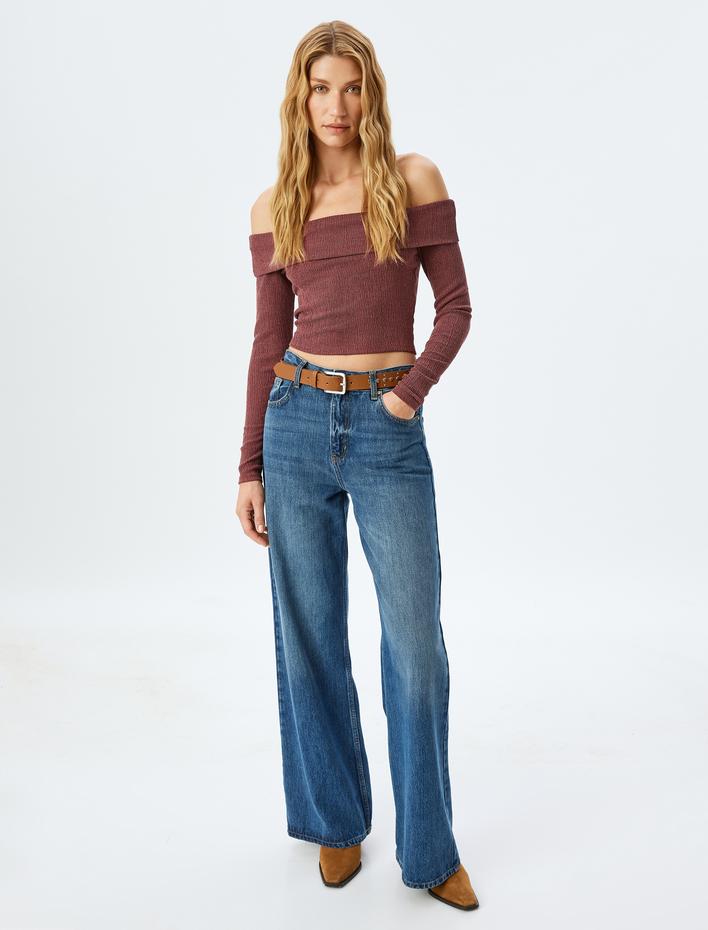  Uzun Kollu Slim Fit Madonna Yaka Omzu Açık Tişört