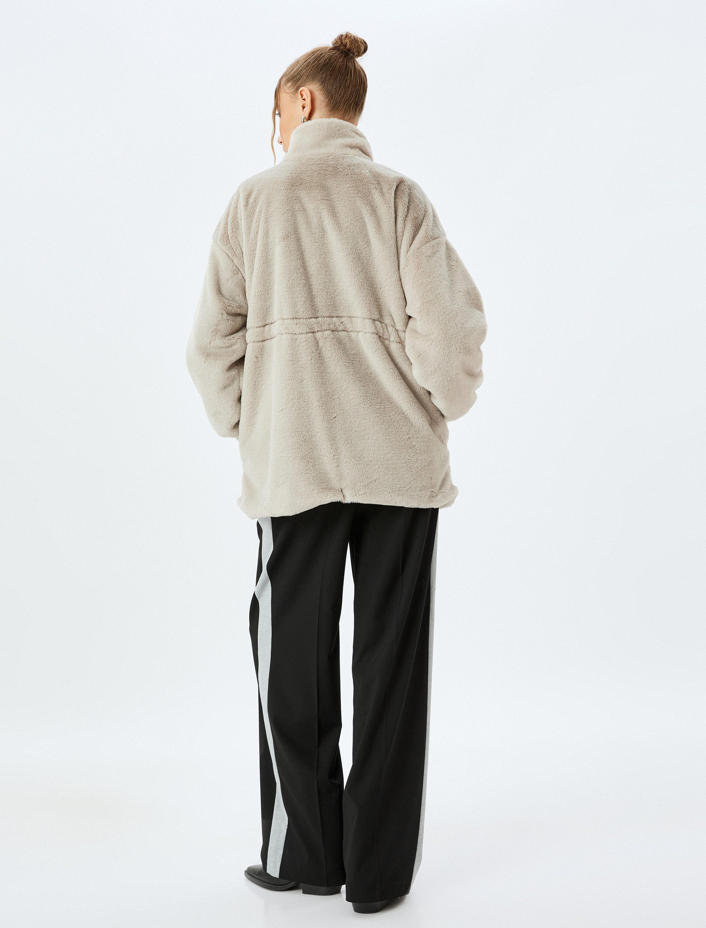   Suni Kürk Fermuarlı Cep Detaylı Astarlı Uzun Ceket