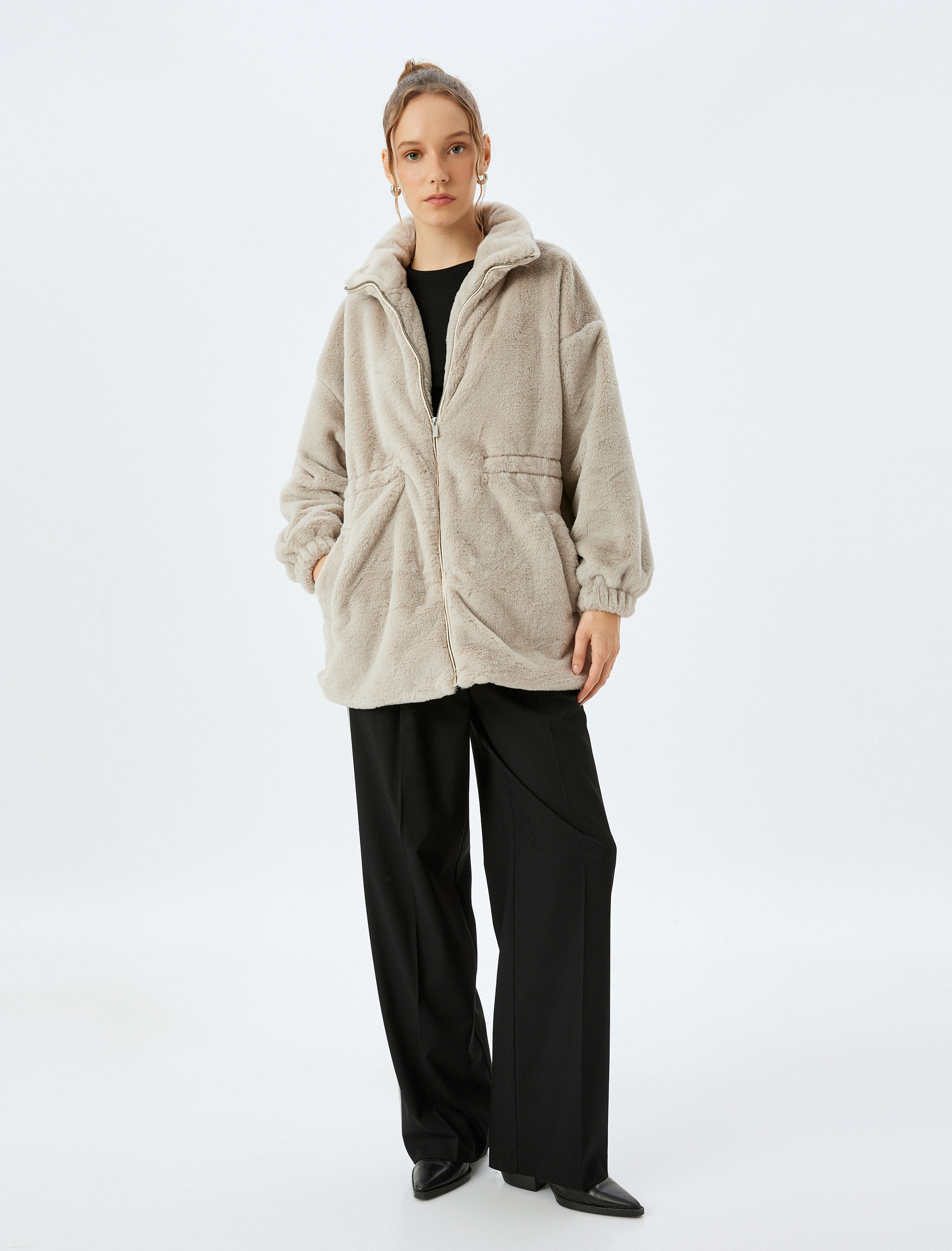   Suni Kürk Fermuarlı Cep Detaylı Astarlı Uzun Ceket