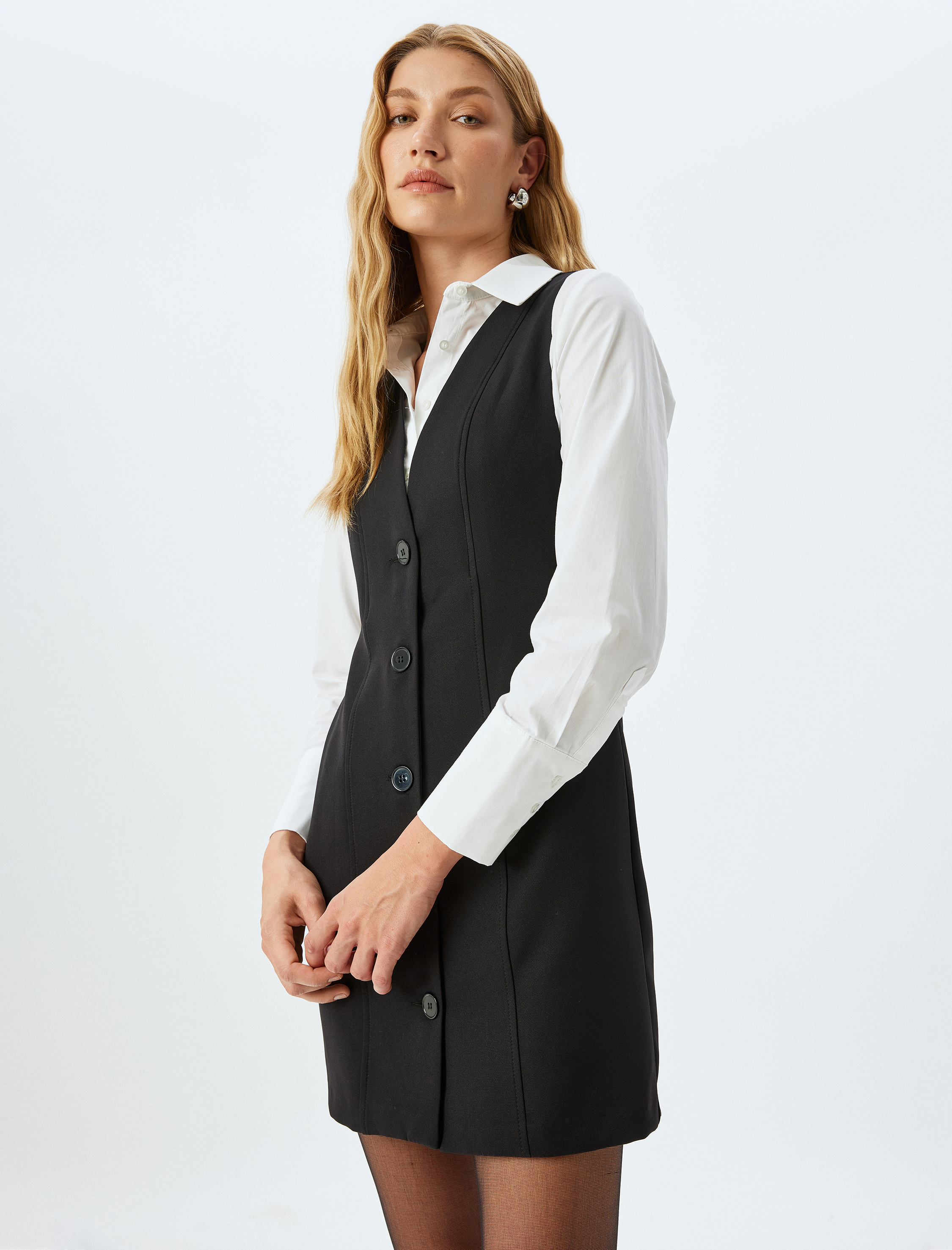 Slim Fit Gömlek Yaka Düğmeli Kolsuz Mini Jile Elbise
