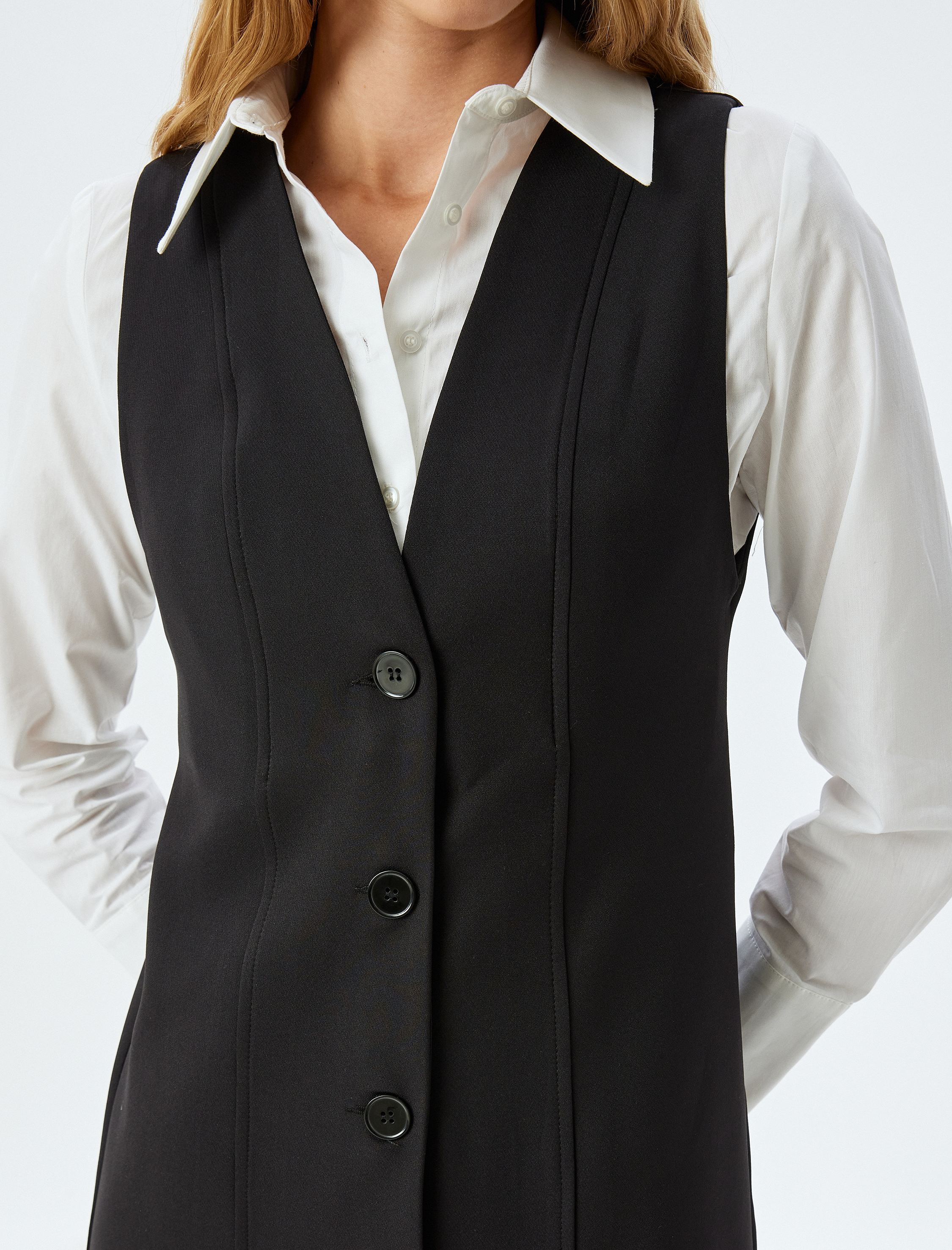 Slim Fit Gömlek Yaka Düğmeli Kolsuz Mini Jile Elbise