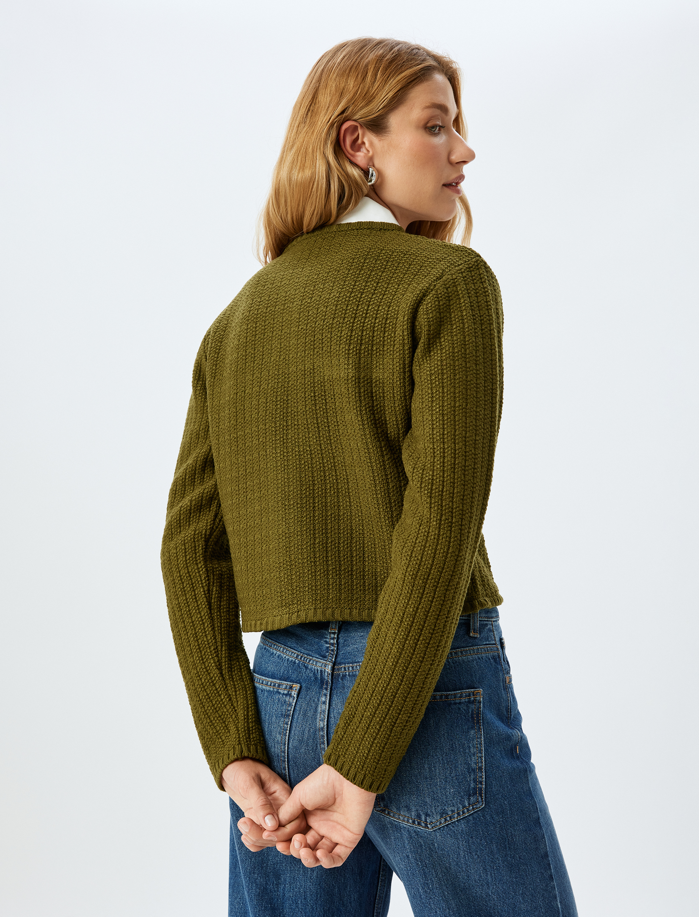   Uzun Kollu Düğmeli Cepli Bisiklet Yaka Hırka