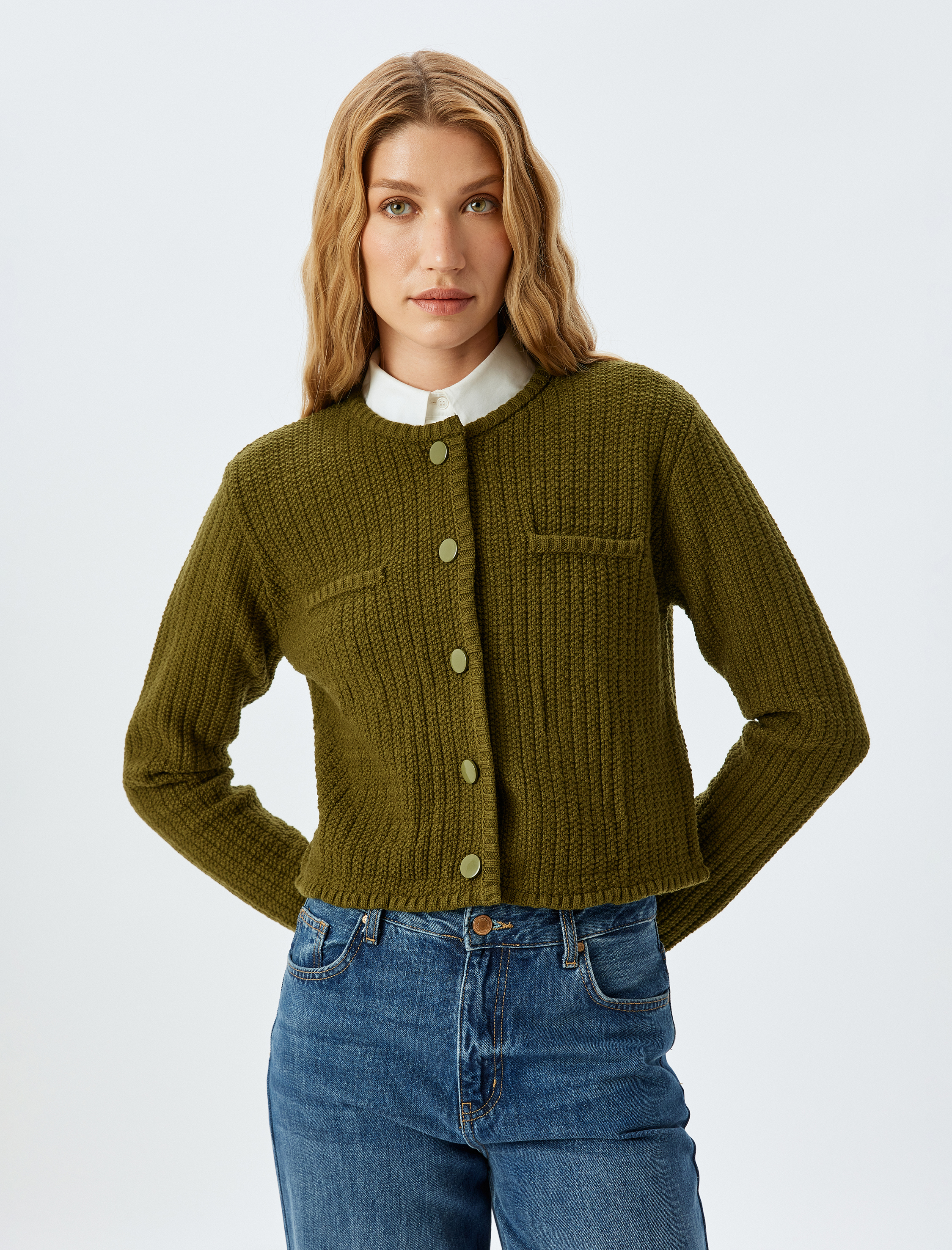   Uzun Kollu Düğmeli Cepli Bisiklet Yaka Hırka