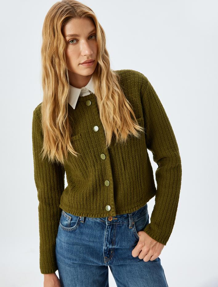  Uzun Kollu Düğmeli Cepli Bisiklet Yaka Hırka