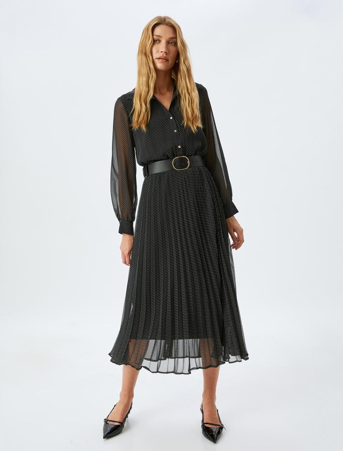  Uzun Kollu Gömlek Yaka Kemerli Uzun Puantiyeli Şifon Elbise