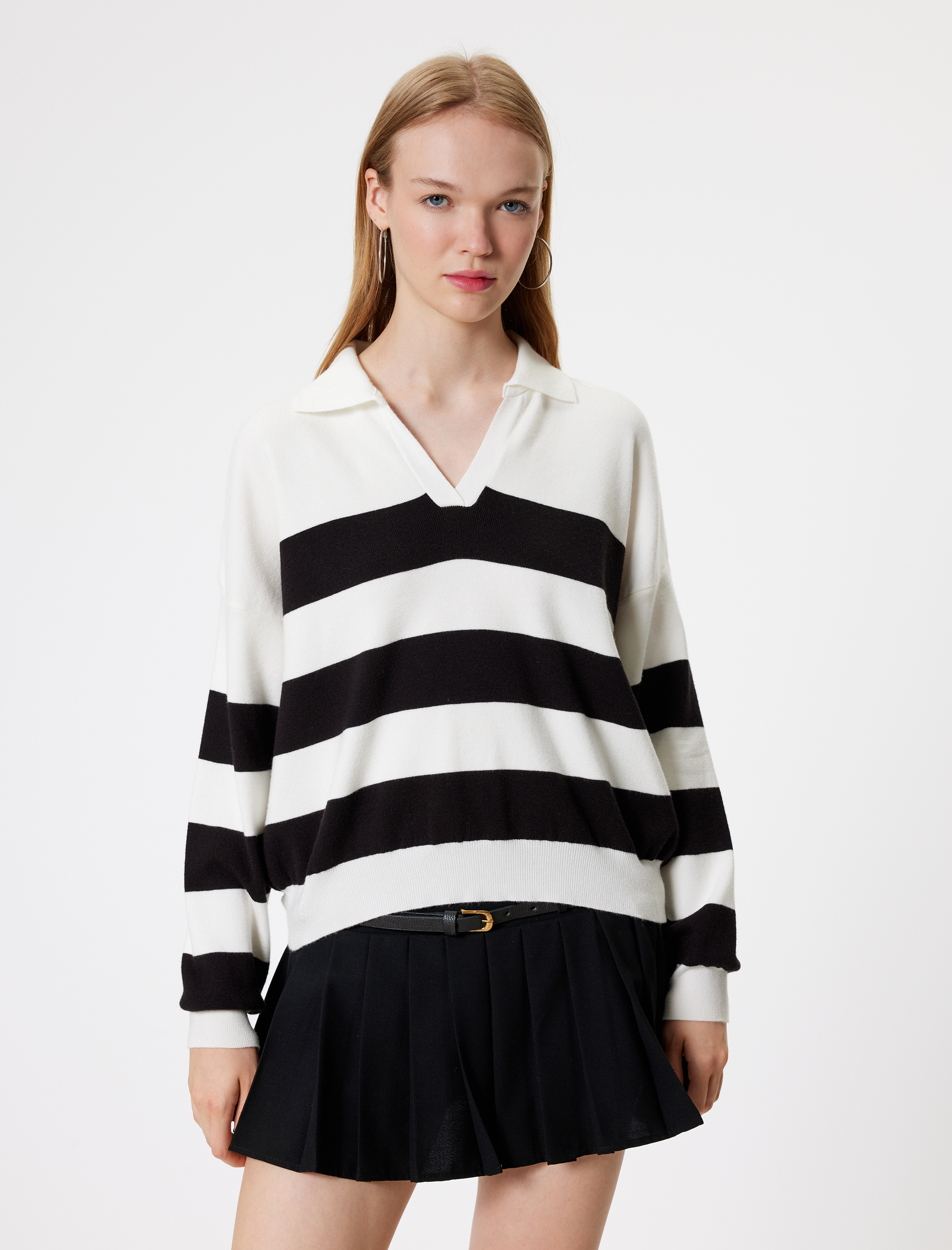   Polo Yaka Renk Bloklu Triko Uzun Kollu Kazak