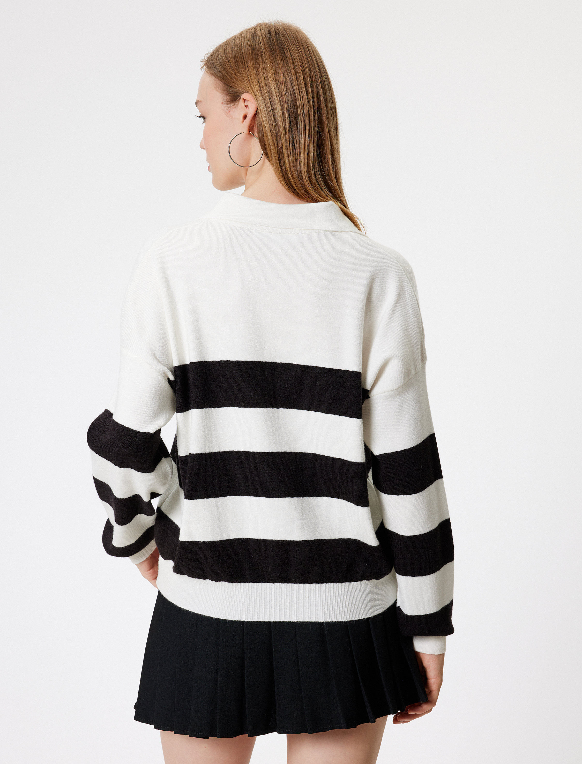   Polo Yaka Renk Bloklu Triko Uzun Kollu Kazak