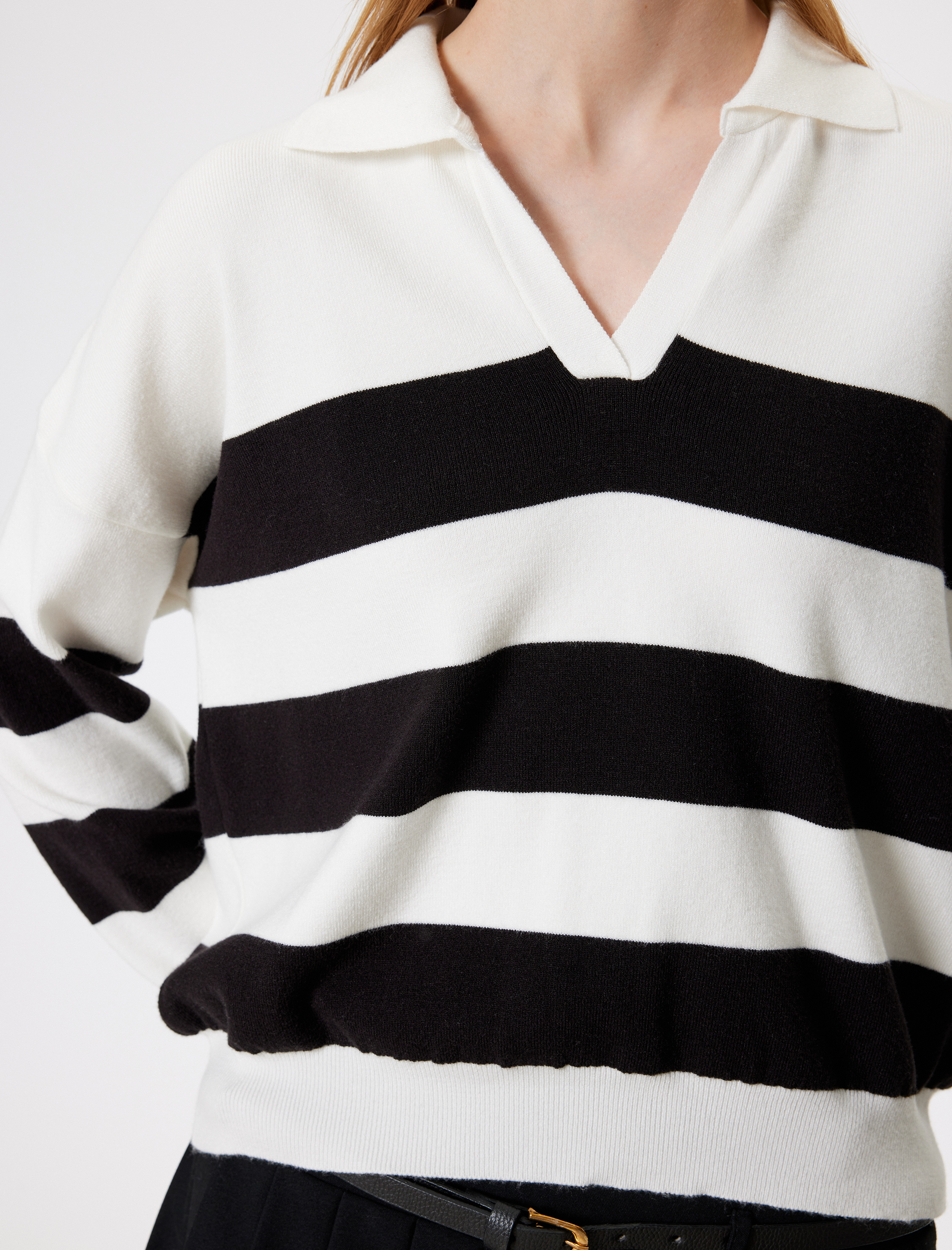   Polo Yaka Renk Bloklu Triko Uzun Kollu Kazak