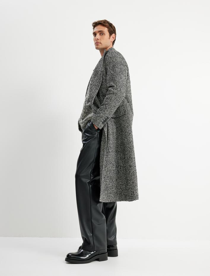  Uzun Kaşe Kaban Kruvaze Yaka Cep Detaylı Pamuk Karışımlı