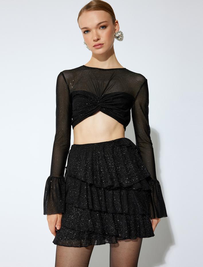  Koton X Sibil Çetinkaya - Volanlı Katlı Simli Mini Şifon Etek