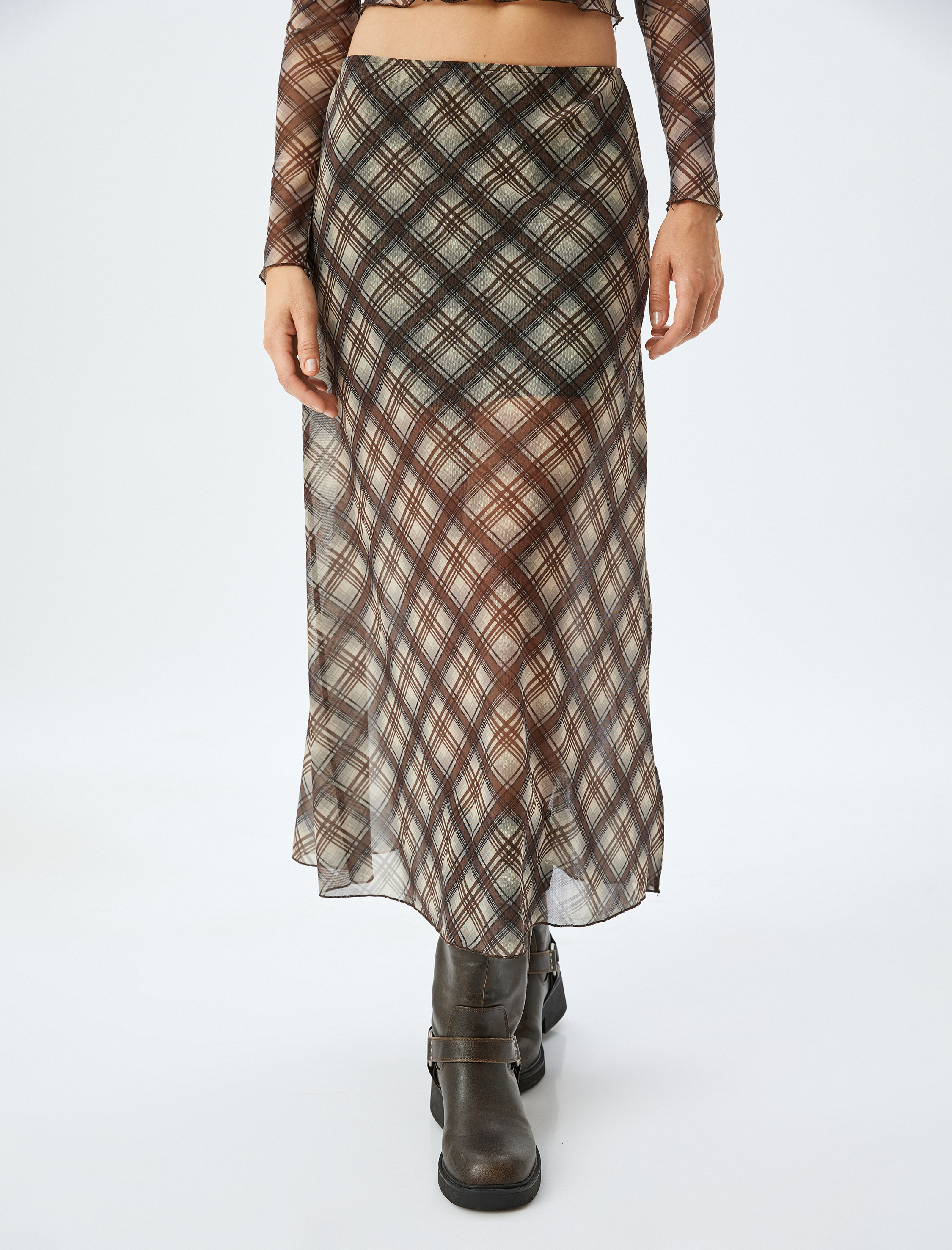   Yarım Astarlı A Kesim Uzun Yüksek Bel Ekose Tül Etek