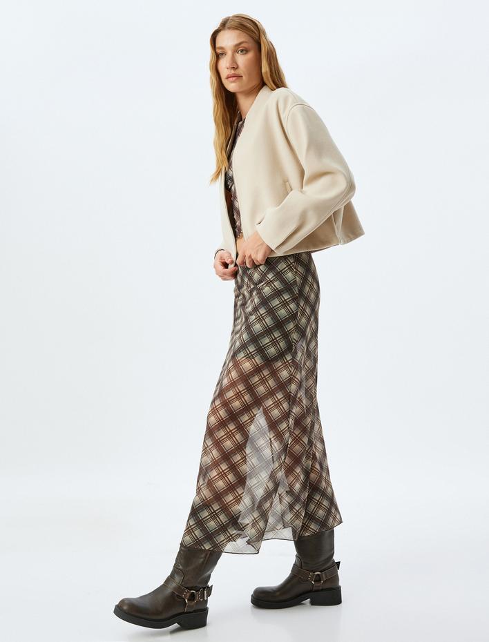  Yarım Astarlı A Kesim Uzun Yüksek Bel Ekose Tül Etek