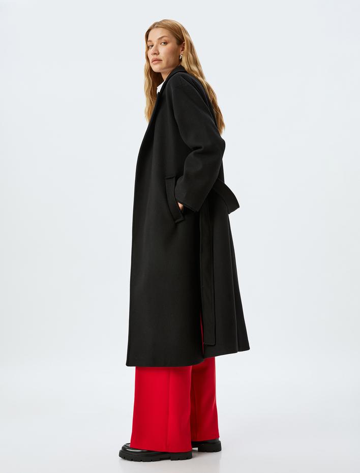  Kemerli Cepli Kruvaze Ekstra Uzun Kaşe Kaban