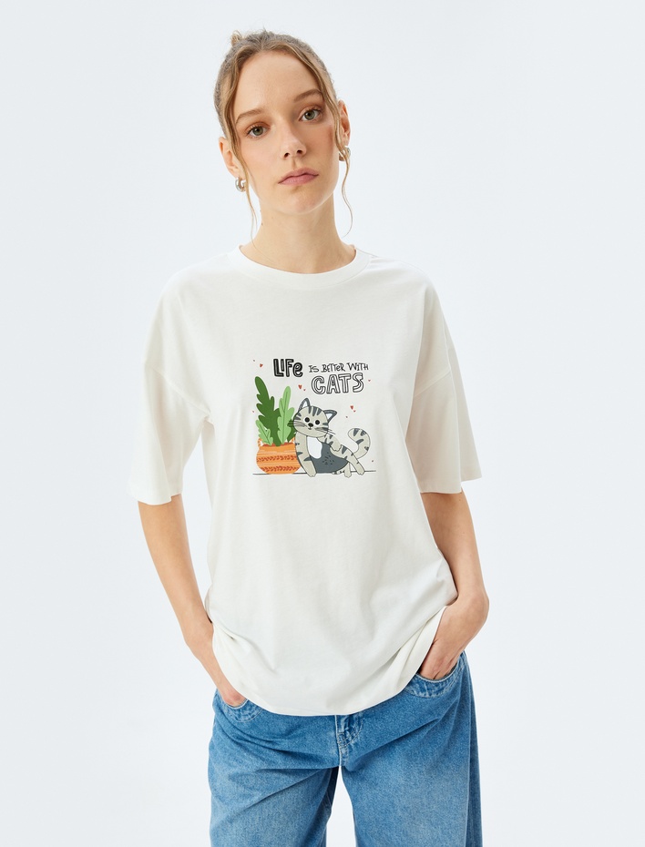  Kedi Baskılı Sloganlı Bisiklet Yaka Kısa Kollu Tişört