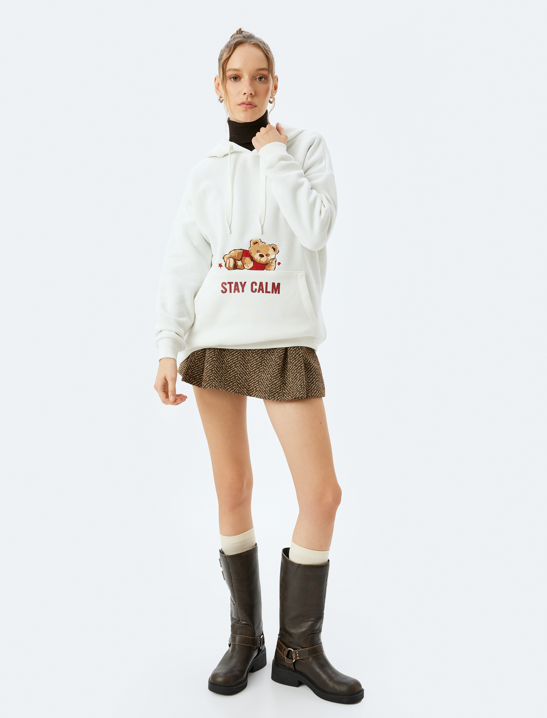   Şardonlu Slogan Baskılı Kapüşonlu Kanguru Cepli Oversize Sweatshirt