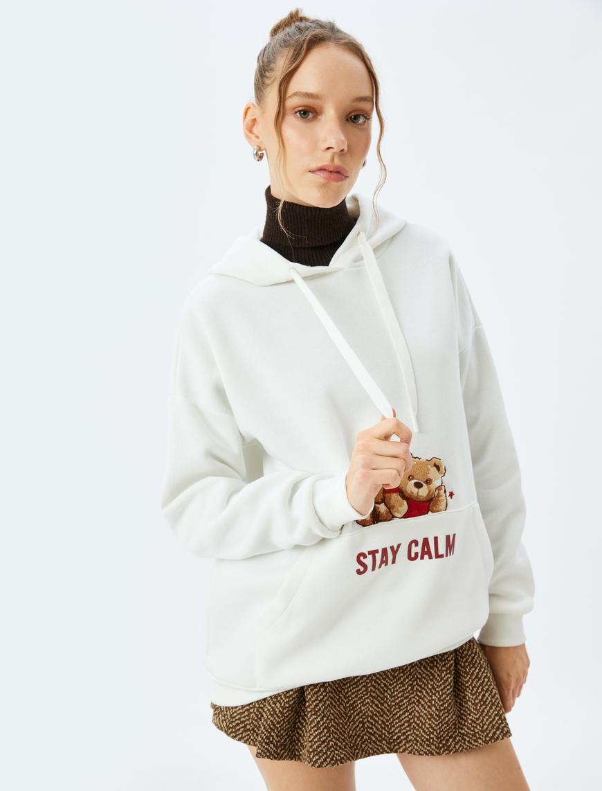   Slogan Baskılı Kapüşonlu Kanguru Cepli Oversize Sweatshirt