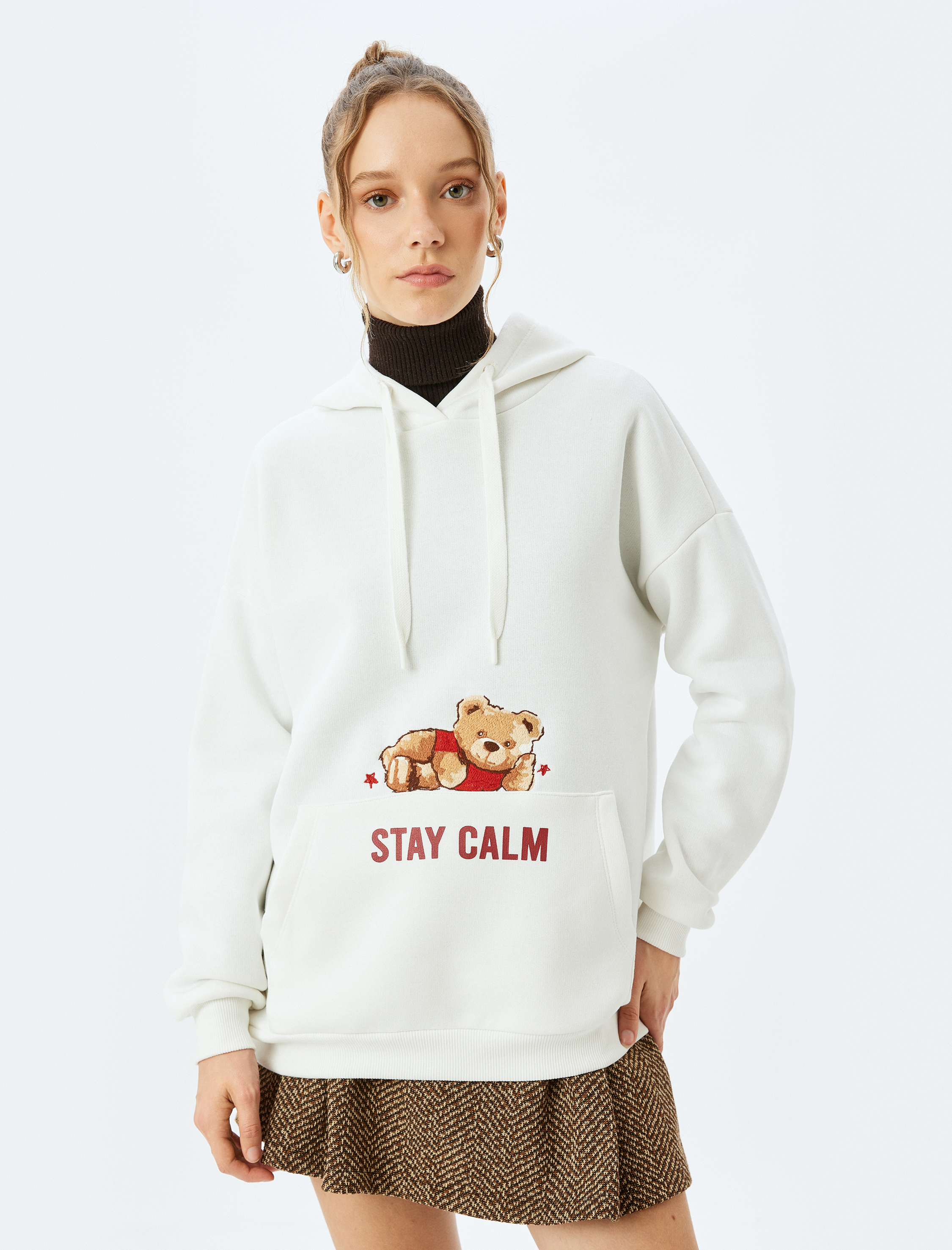   Şardonlu Slogan Baskılı Kapüşonlu Kanguru Cepli Oversize Sweatshirt