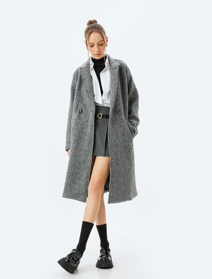  Kruvaze Yaka Düğmeli Cep Detaylı Dokulu Kaşe Kaban