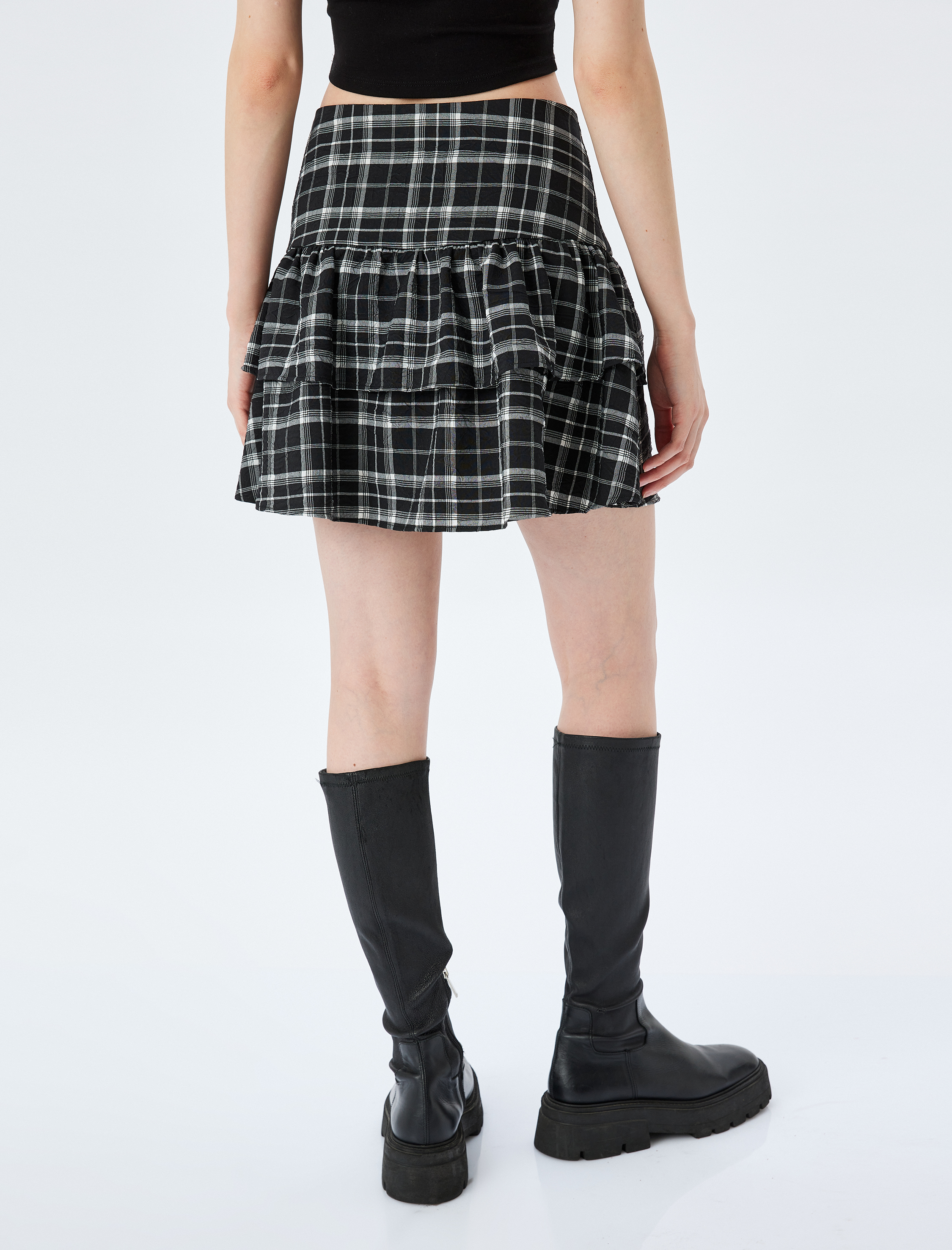   Volanlı Katlı Ekoseli Normal Bel Mini Etek