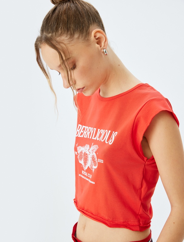 Crop Bisiklet Yaka Kolsuz Slogan Baskılı Tişört_0