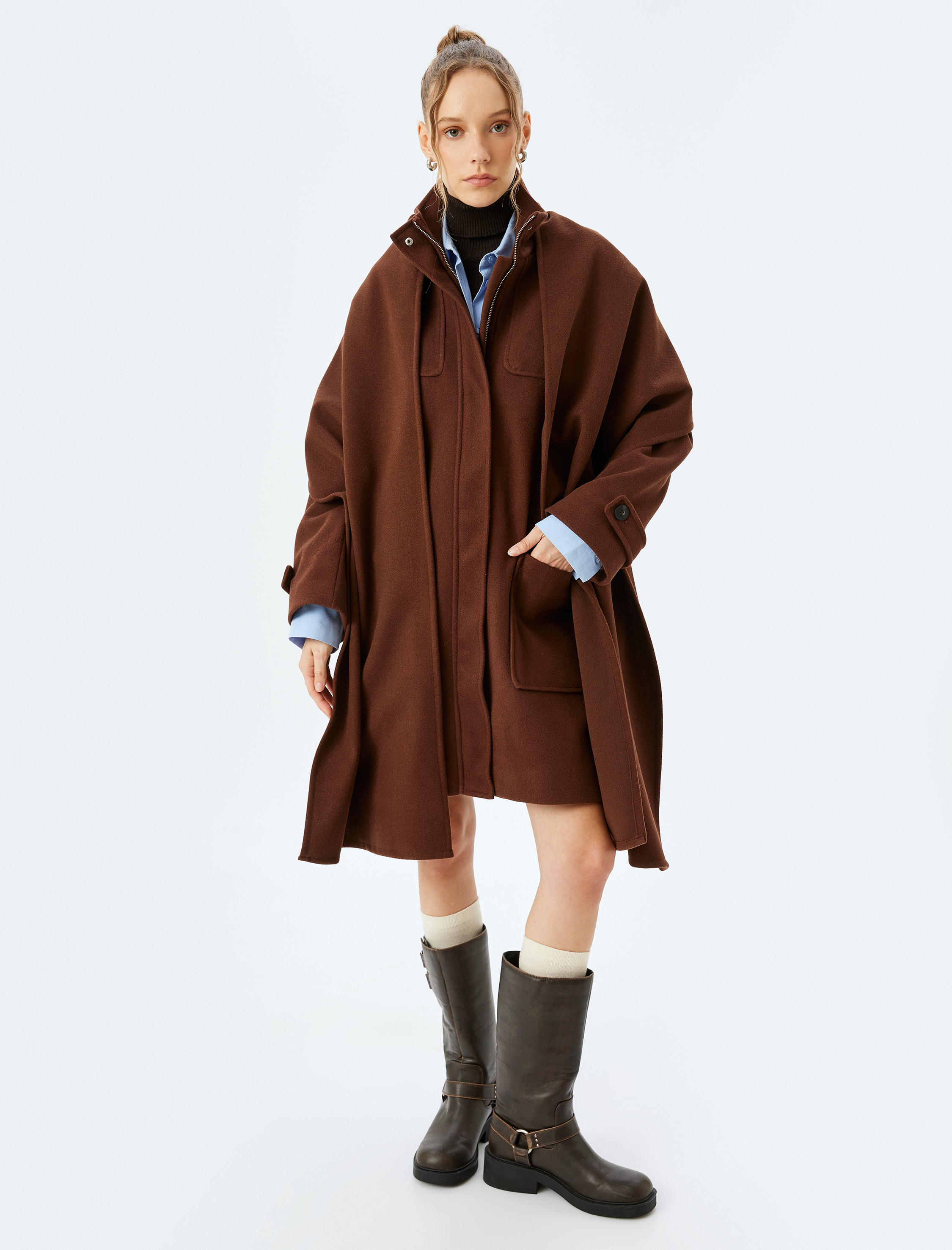   Şal Yaka Fermuarlı Çıtçıt Düğmeli Astarlı Cep Detaylı Kaban