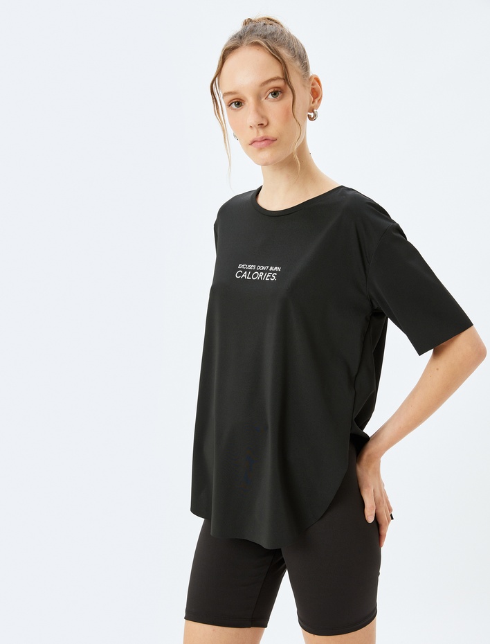  Slogan Baskılı Bisiklet Yaka Kısa Kollu Spor Tişört