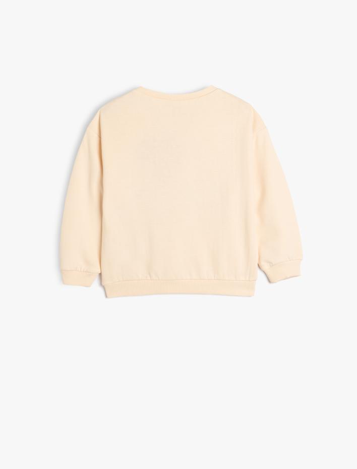 Kız Bebek Sweatshirt Uzun Kollu Bisiklet Yaka Baskılı ve Aplike Detaylı Şardonlu
