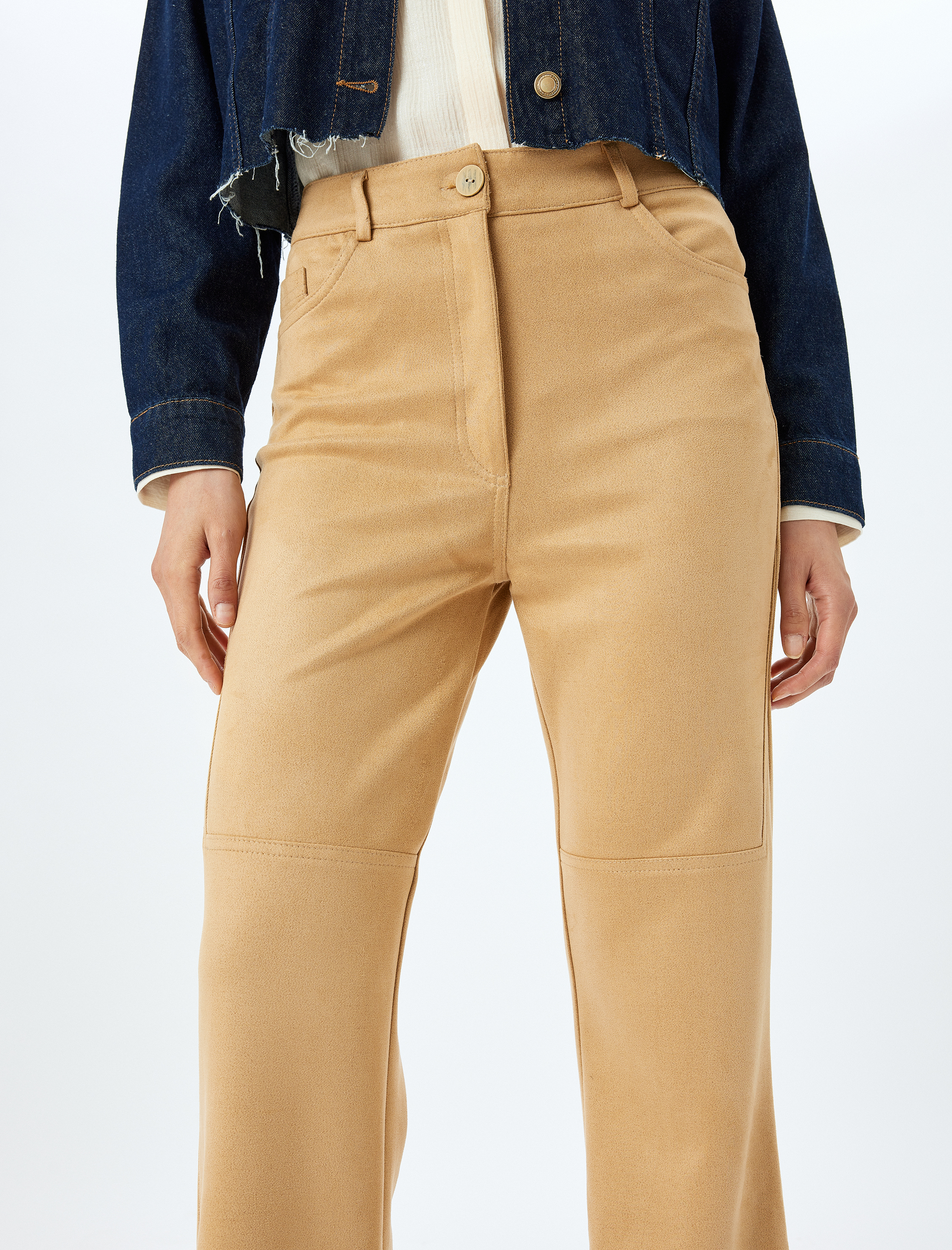 Cepli Standart Bel Dikiş Detaylı Süet Görünümlü Pantolon