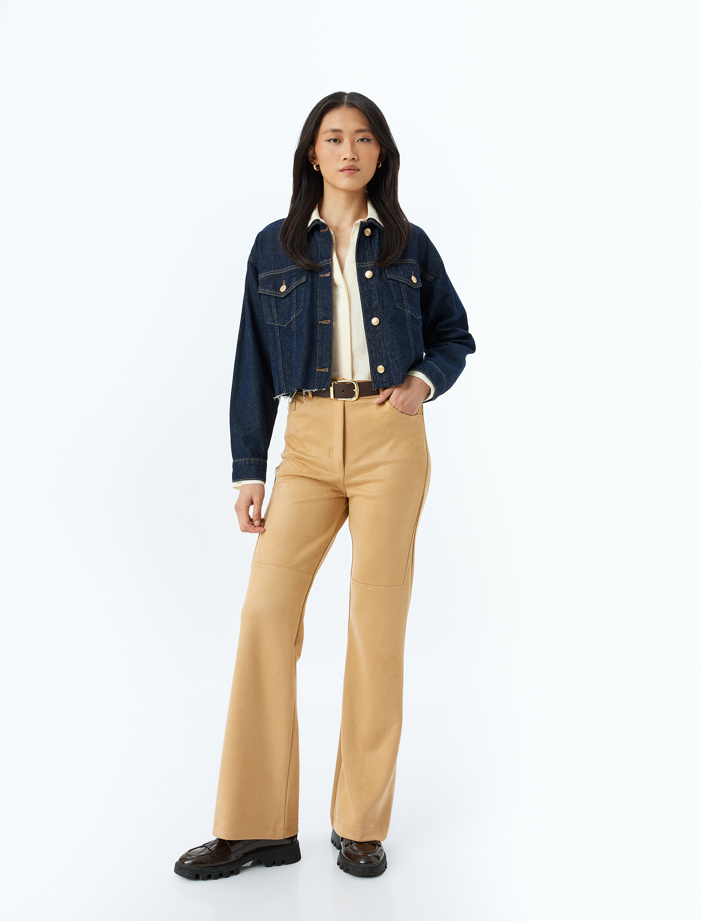 Cepli Standart Bel Dikiş Detaylı Süet Görünümlü Pantolon