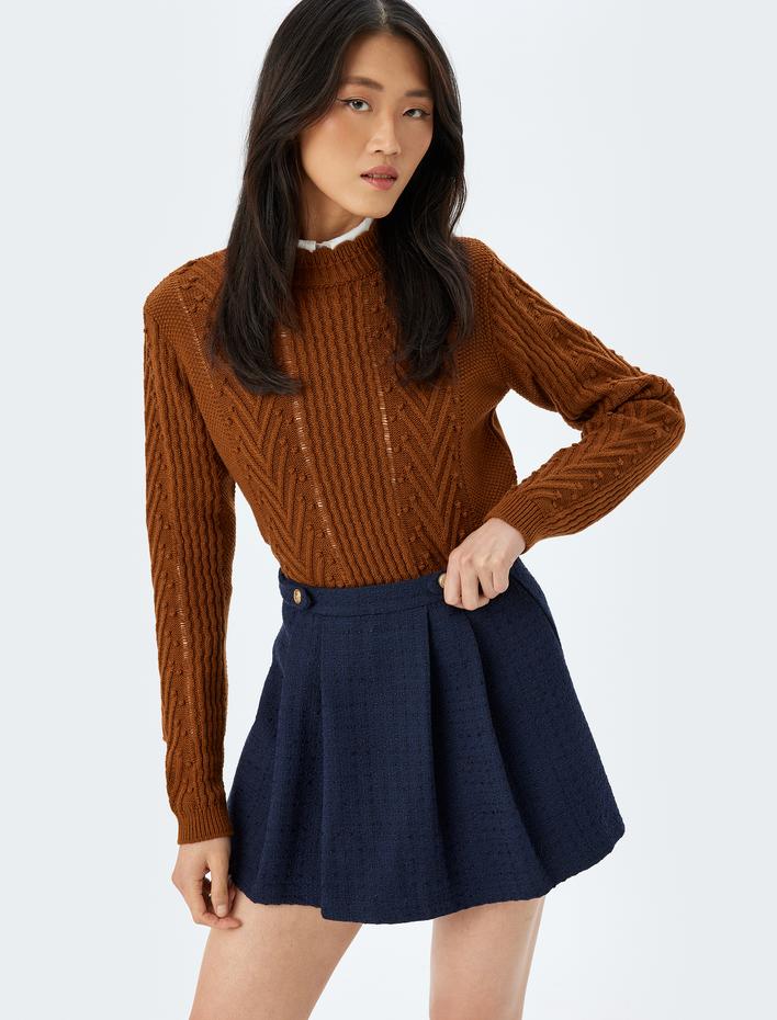  Uzun Kollu Bisiklet Yaka Geometrik Dokulu Örgü Kazak