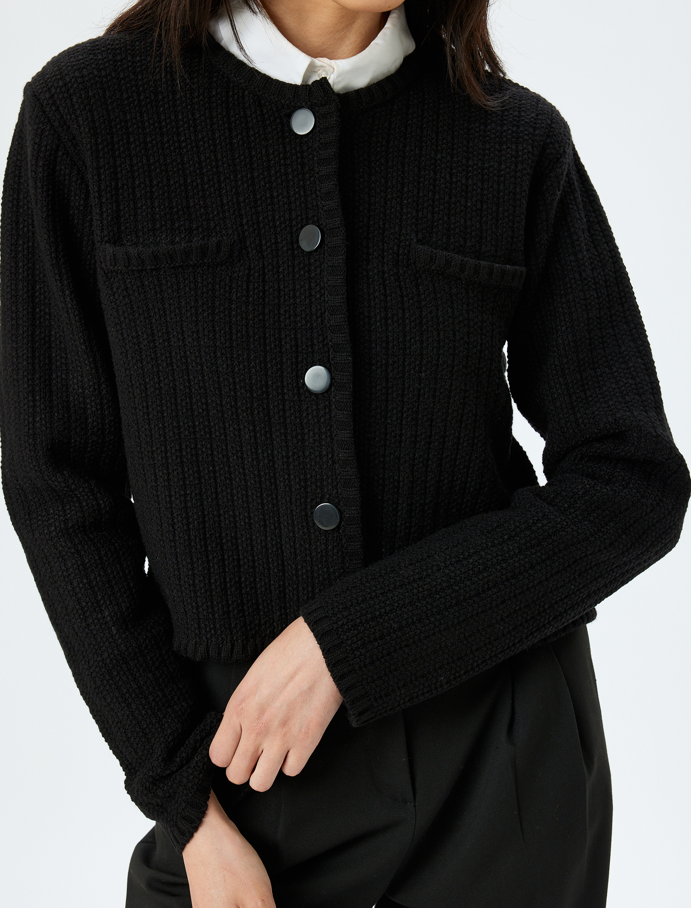   Uzun Kollu Düğmeli Cepli Bisiklet Yaka Hırka