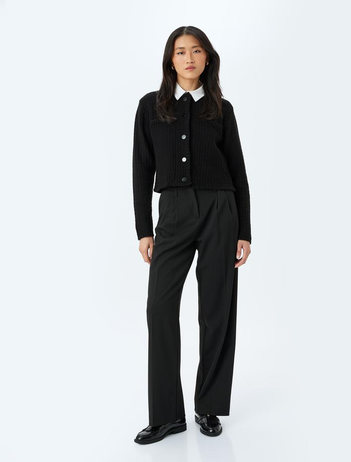  Uzun Kollu Düğmeli Cepli Bisiklet Yaka Hırka