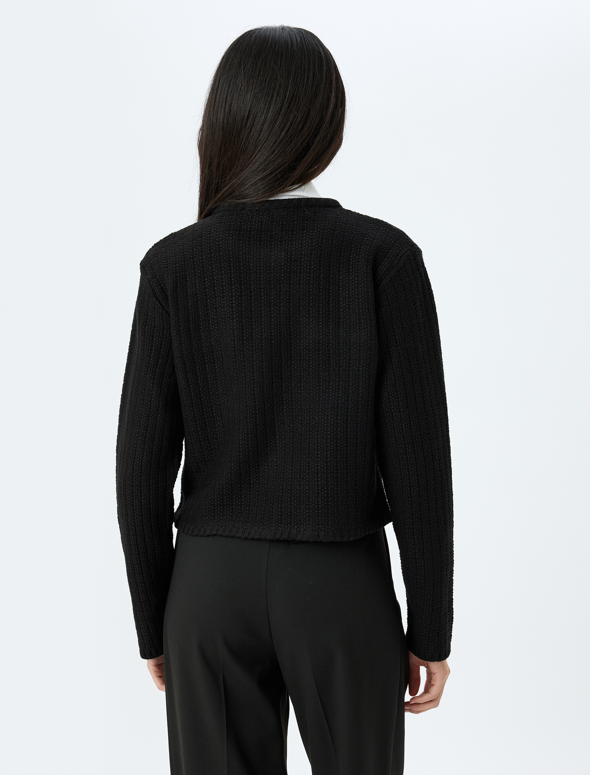   Uzun Kollu Düğmeli Cepli Bisiklet Yaka Hırka