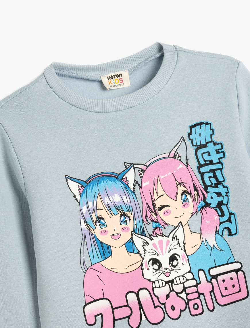  Kız Çocuk Anime Baskılı Sweatshirt Şardonlu Uzun Kollu Bisiklet Yaka