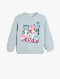 Anime Baskılı Sweatshirt Şardonlu Uzun Kollu Bisiklet Yaka