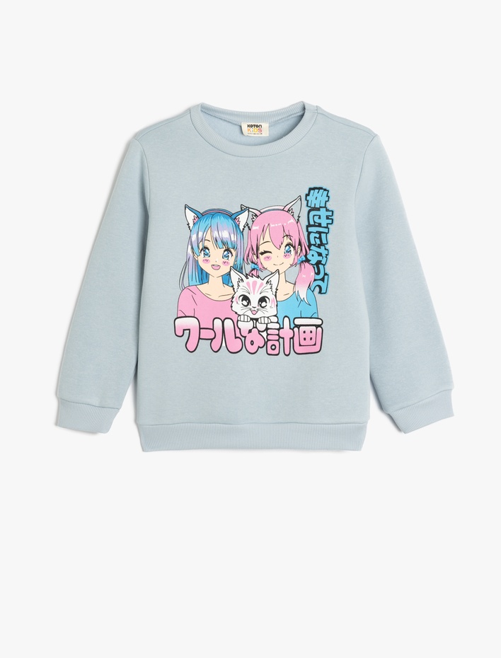 Kız Çocuk Anime Baskılı Sweatshirt Şardonlu Uzun Kollu Bisiklet Yaka