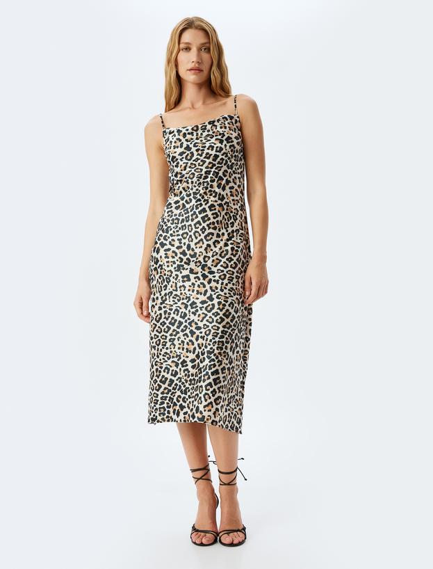 Degaje Yaka Saten Leopar İp Askılı Midi Slip Elbise_2