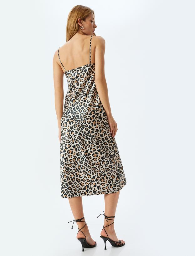 Degaje Yaka Saten Leopar İp Askılı Midi Slip Elbise_3