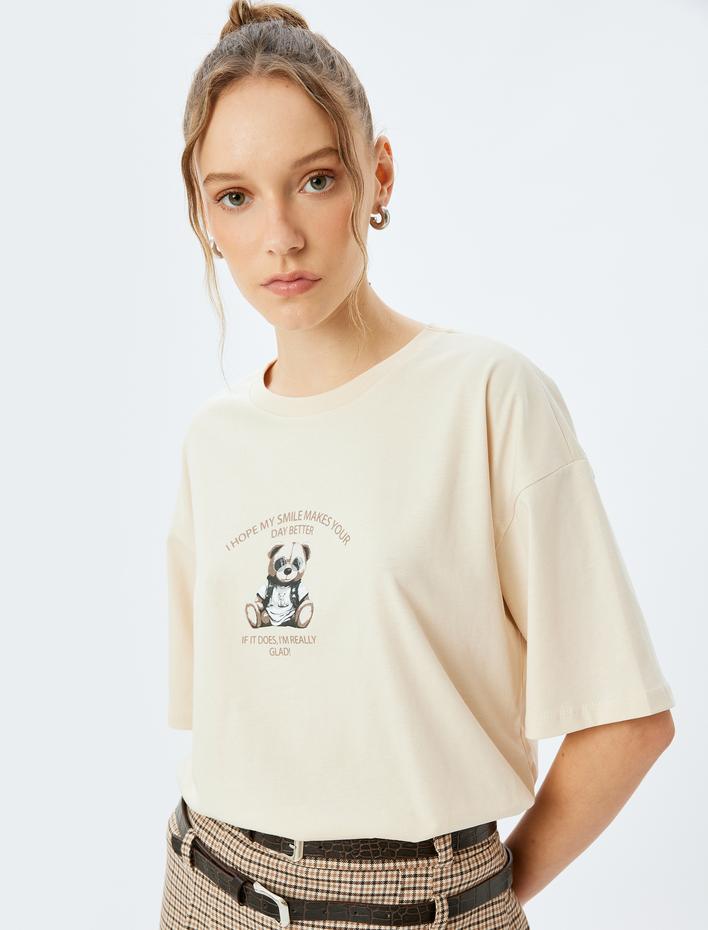  Slogan Baskılı Bisiklet Yaka Kısa Kollu Oversize Tişört